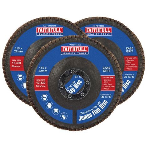 Faithfull Zirconia Abrasive Jumbo Flap Disc - 115 x 22mm Mixed Grit (Pack of 3)