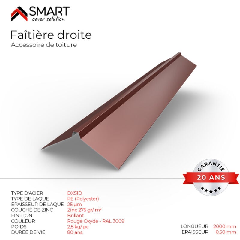 Faîtière droite - bac acier - tôle de couverture - Toiture - Coloris Rouge Oxyde ral 3009 L=2m, épaisseur 0.50mm