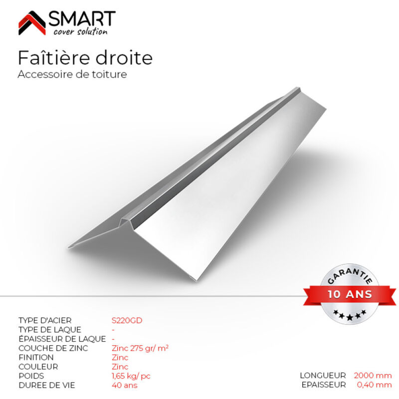 Faîtière droite - bac acier - tôle de couverture - Toiture - H12 Galvanisé L=2m