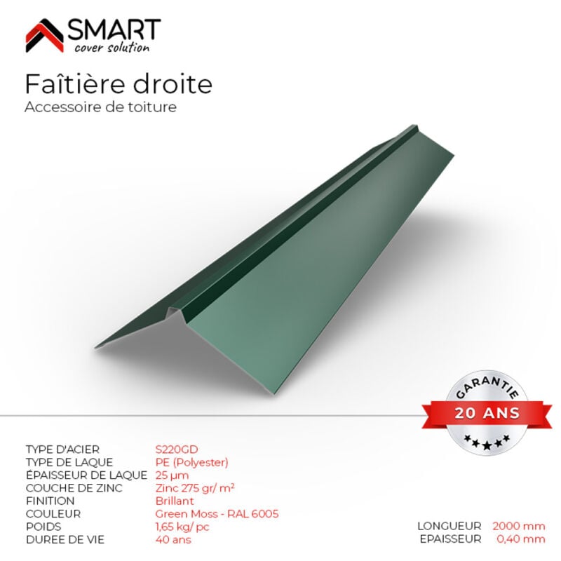 Faîtière droite - bac acier - tôle de couverture - Toiture - H12 Vert mousse ral 6005 L=2m
