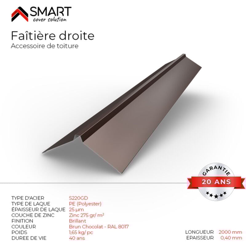 Faîtière droite - bac acier - tôle de couverture - Toiture - H12 Brun Chocolat ral 8017 L=2m