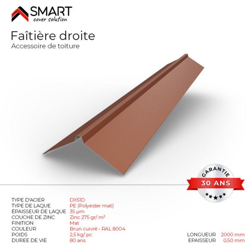Faîtière droite - bac acier - tôle de couverture - Toiture - Coloris Brun Cuivre ral 8004 Mat L=2m, épaisseur 0.50mm