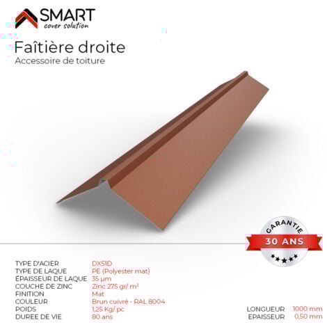 Faîtière droite - bac acier - tôle de couverture - Toiture -  Coloris Brun Cuivre RAL 8004 Mat L=1m, épaisseur 0.50mm
