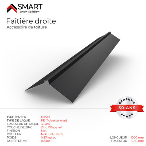 BRAVO THE SMART SOLUTION Faîtière droite - bac acier - tôle de couverture - Toiture - Coloris Noir RAL 9005 Mat L=1m, épaisseur 0.50mm