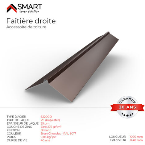 Faîtière droite - bac acier - tôle de couverture - Toiture -  H12 Brun Chocolat RAL 8017 L=1m