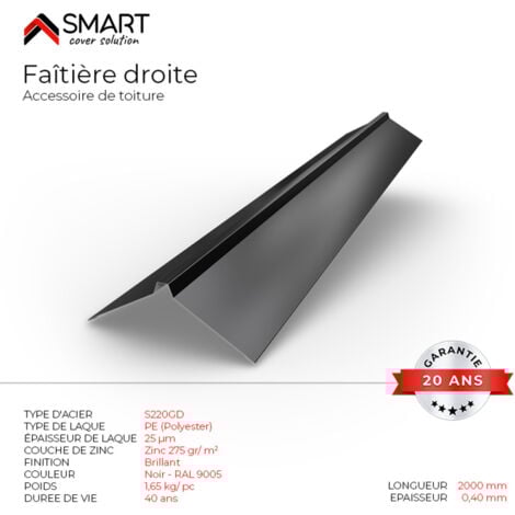 Faîtière droite - bac acier - tôle de couverture - Toiture -  H12 Noire RAL 9005 L=2m