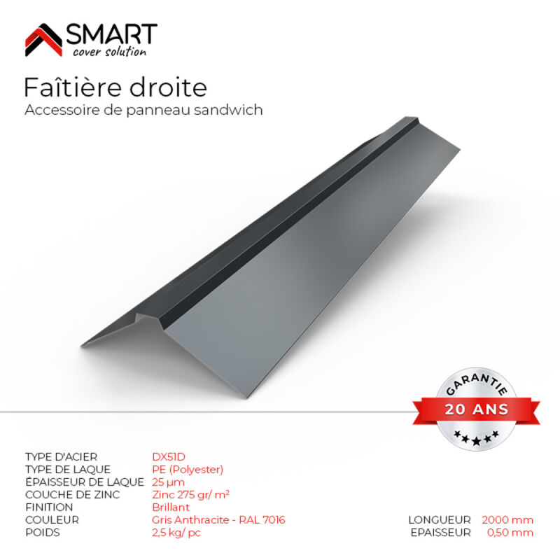Faîtière droite Panneau Sandwich Coloris Gris Anthracite RAL 7016 L=2m, épaisseur 0.40mm