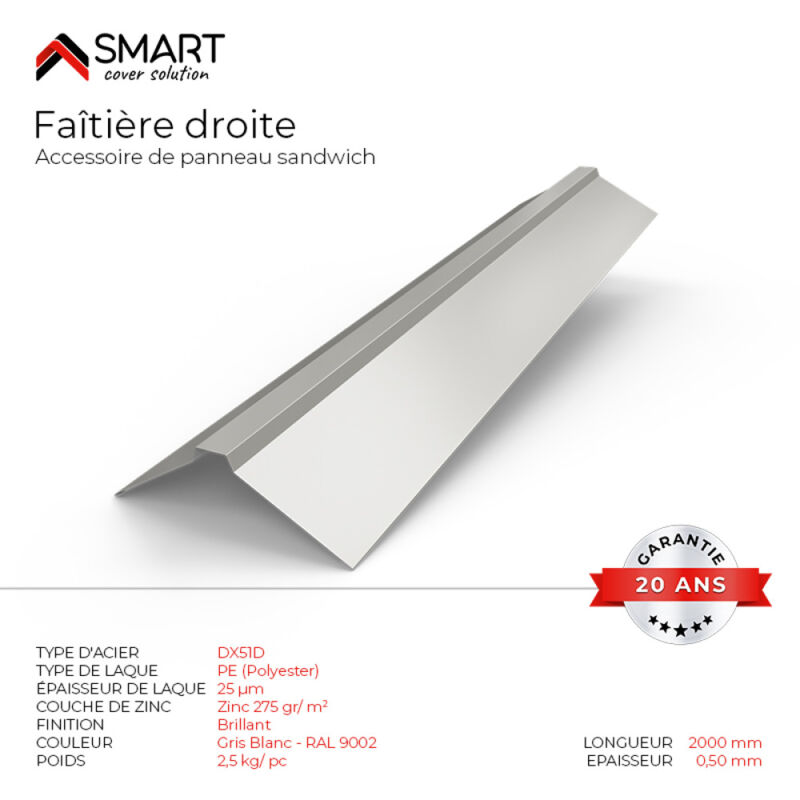 Faîtière droite Panneau Sandwich Coloris Gris Blanc ral 9002 L=2m, épaisseur 0.40mm