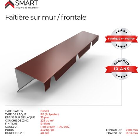 Faitière sur mur crantée TR45 - bac acier - tôle de couverture - Toiture -  Coloris Brun Rouge Terracotta RAL 8012 L=2.10m, épaisseur 0.63mm