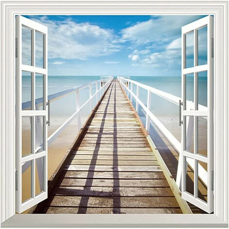 Kartokner Fake Window View Wall Sticker Decal - Beach Seaside Wooden Pathway Scenery (3858cm) 1Pc 3D