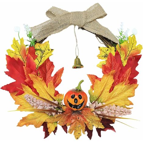 Fall Harvest Artificial Maple Leaves Wreath 14 inch, Halloween Pumpkin Wreaths, Fall Decor