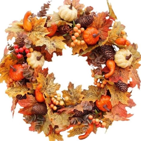 MIMIY Fall Wreath Front Door, Pumpkin Fall Wreath, Fall Maple Leaf Thanksgiving Harvest Indoor and Outdoor Decoration