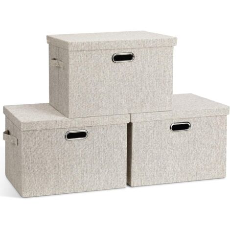 Faltbare Aufbewahrungsboxen mit Deckel, 3er-Set beige Leinenstoffe mit Deckel, Aufbewahrungskörbe fürs Schlafzimmer,