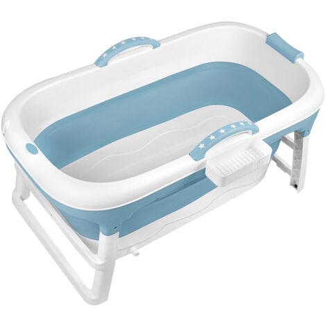 Faltbare Badewanne Erwachsene XL Mobile Tragbare Badewanne Mit Abdeckung Massagerollen und Badewannenablage, Blau (128 x 62 x 52 cm), HENGMEI