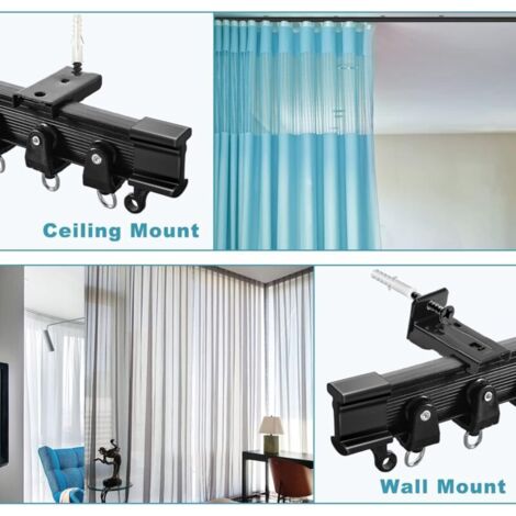 Faltbare Gardinenstange für Erkerfenster, flexible Gardinenschiene zur Wand- oder Deckenmontage, Gardinenschienen und Zubehör, 3 Meter, schwarz