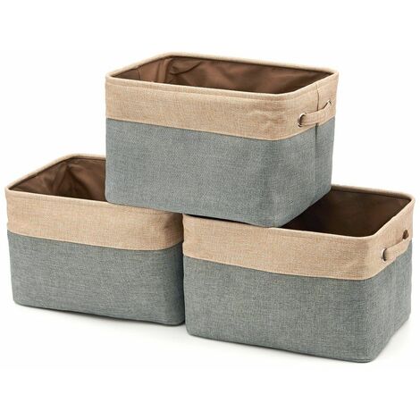 Faltbare Jute-Baumwoll-Aufbewahrungsbox mit Griff, Wäschekorb, Aufbewahrungseinheit für Garderobe, Ankleidezimmer, Kleiderschrank - 3er-Set, grau und beige
