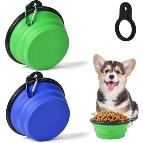 Faltbare Reisenäpfe, 2 Stück, Hellblau und Hellgrün (350 ml), für Hunde und Katzen, mit Karabinerhaken, tragbar, ideal zum Wandern