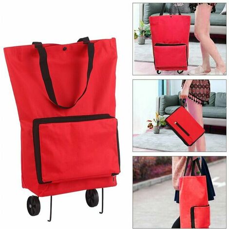 Faltbare Rolltasche mit Rädern, wiederverwendbarer, zusammenklappbarer Einkaufswagen, zusammenklappbare Einkaufstaschen, Reisetasche (rot)