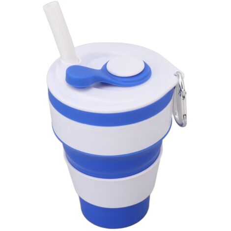 Faltbarer, auslaufsicherer Silikonbecher mit Strohhalm und Clip, Bergstil, für Wandern und Reisen, Blau