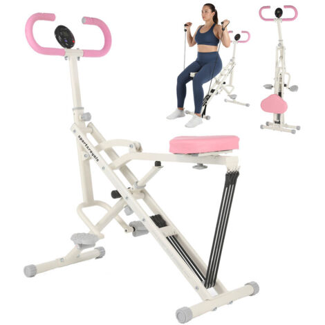 Faltbarer Bauchtrainer für Zuhause mit Trainingscomputer, Widerstandsbändern und stabiler Metallkonstruktion, Kompakter Heimtrainer, Platzsparend für Core & Ganzkörperübungen -- Rosa