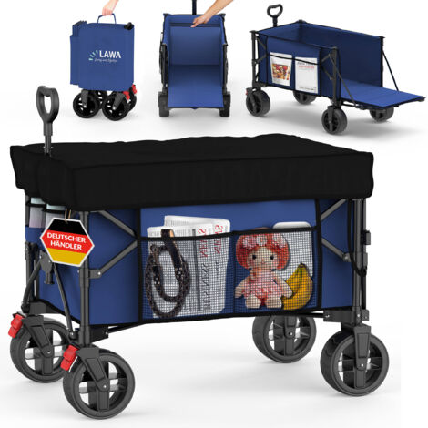 faltbarer Bollerwagen mit Dach, Bremse, Heckklappe, blau, kleines Packmaß kompakter Transportwagen leicht