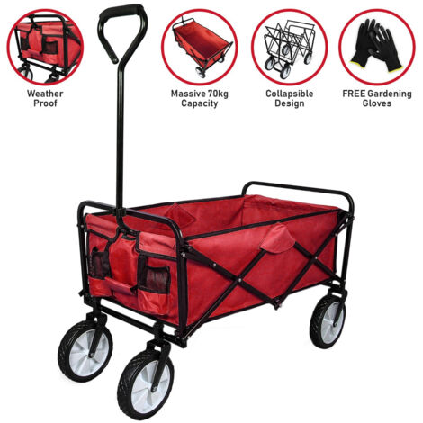Faltbarer Gartenwagen Transportwagen Bollerwagen Handwagen Rollenwagen Gerätewagen Strandwagen bis zu 70kg belastbar Rot