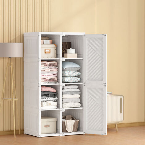 Faltbarer Kleiderschrank mit 8 Fächern und Türen, Armoire Aufbewahrungsregal für Kleidung, Spielzeug, 69 x 50 x 136 cm Weiß