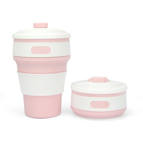 Faltbarer Silikonbecher 350 ml (Pink) – Kaffeebecher, Reisebecher, isolierter, wiederverwendbarer Campingbecher mit faltbarem Deckel