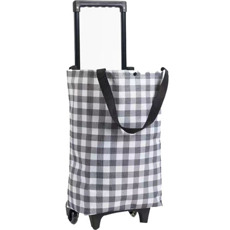 Faltbarer und tragbarer Einkaufswagen mit Rädern, Oxford-Gewebe-Trolley mit ausziehbarem Griff für Reisen, schwarz-weiß kariertes Muster