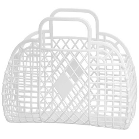 Faltbarer, weißer Aufbewahrungskorb aus Kunststoff, wiederverwendbar und tragbar für Strand, Zuhause, Einkaufen oder Spielzeug – 25 x 11 x 22 cm