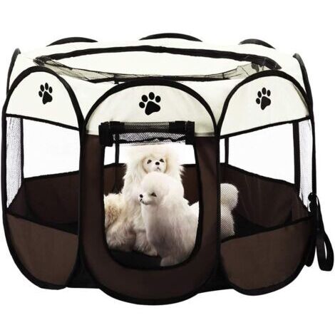 Faltbares Haustierzelt, 8-teiliges Netz, tragbares, faltbares Laufgehege für Welpen, Spiellaufstall für Hunde, Katzen, Kaninchen, Zwinger (77cm X 43cm, Braun)
