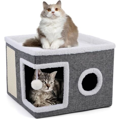 Faltbares Katzenhaus, Indoor Große Katzen, 43 T x 43 B x 32 H cm, Große Katzenhöhle mit Kratzbrett und Spielball, 2-lagiger Katzenwürfel, Katzenhaushöhle für kleine und mittelgroße Haustiere  FLITI