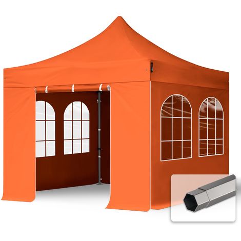 Faltzelt Partyzelt 3x3m - mit Fenstern PROFESSIONAL Dach 100% WASSERDICHT Faltpavillon Pavillon orange - orange