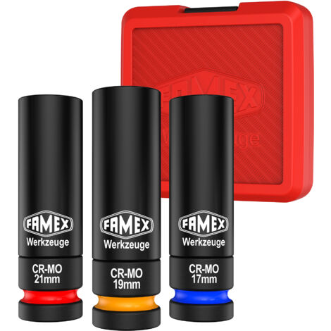 FAMEX 10807 Jeu de douilles à chocs 1/2" spécial jantes aluminium 17/19/21 mm – Jantes automobiles – Coffret 3 pièces – PROFESSIONNEL