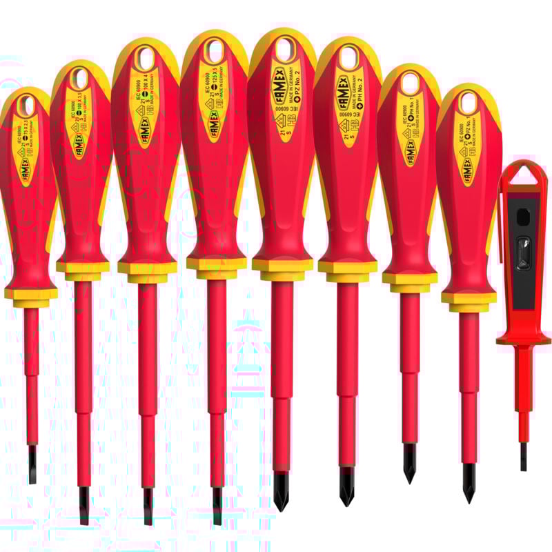 FAMEX 7734-9 Tournevis d'électricien VDE avec manche à 2 composants, 9 pièces - haute qualité