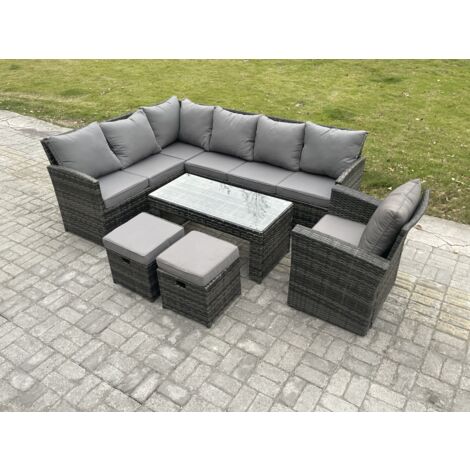 Famous 9 - Sitzer Outdoor Rattan Gartenmöbel Set, Ecksofa, Länger Couchtisch Sets mit Terrassen 2 kleine Fußhocker, Sesseln, Dunkelgrau gemischt