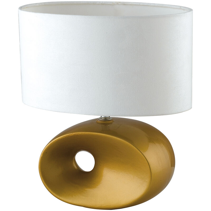 Image of Lampada da tavolo eolo in ceramica dorata con paralume in tessuto bianco 35 cm. - Oro