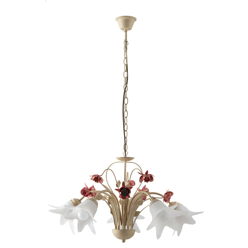 Image of Sospensione rose in metallo avorio con decori floreali e cinque diffusori in vetro - Avorio