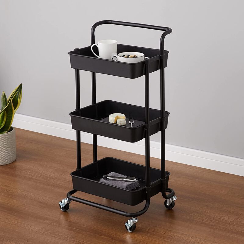 Keepbuying - Desserte Metal Chariot de Service 3 Paniers de Rangement Desserte à Roulettes pour Cuisine Salon, 42x35x87cm, Noir - Noir