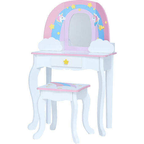 Fantasy Fields di Teamson Kids Little Dreamer Rainbow Unicorn Vanity Set Tavolo da toeletta con specchio, contenitore integrato e sedia sgabello per bambini, bianco, TD-13543F