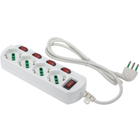 FANTON 474344 Multipresa OMEGA 4 prese bipasso schuko 2P+T 16A con interruttore luminoso su ogni presa cavo 1,5 m. 3G0,75 H05VV-F spina piccola 10A + interruttore automatico luminoso di sovraccarico
