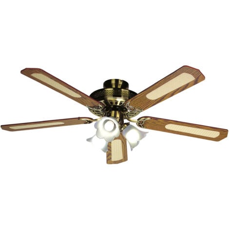 FARELEK - BALEARES O 132 cm - Ventilateur de plafond reversible, 5 pales noyer / cannees + eclairage 3 tulipes 60 watts E27 - 11
