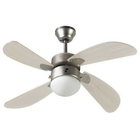 FARELEK - BERMUDES O 107 cm - Ventilateur de plafond reversible, 4 pales chene clair + eclairage 1 globe 60W E27 - 112423