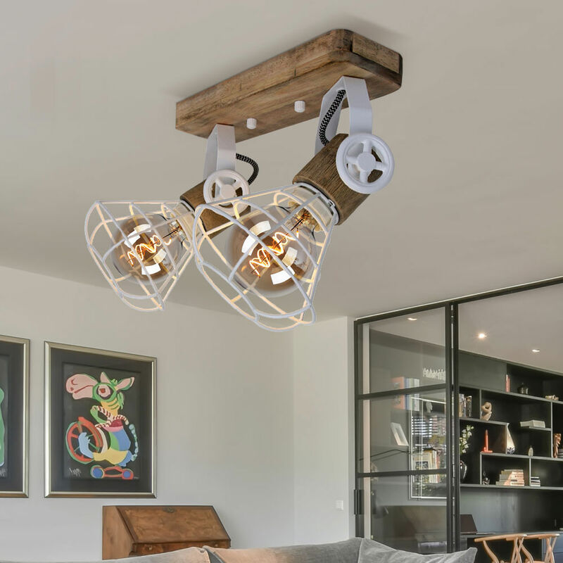 Image of Plafoniera in legno lampada da parete industriale orientabile, metallo bianco, 2x led 7W 806Lm bianco caldo, LxPxH 27x14x27 cm