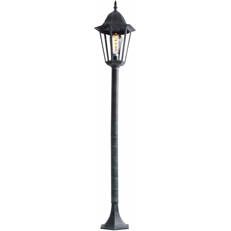 Image of Lampada da terra rustica con lampada a lanterna che illumina i faretti per esterni in un set che include lampadine a led
