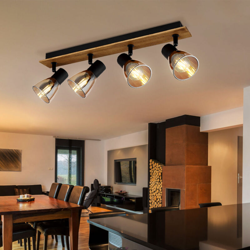 Image of Faretti da soffitto striscia orientabile 4 fiamme lampada da soffitto in legno vetro fumé nero, metallo, 4x prese E14, LxPxH 50x7x15,5 cm