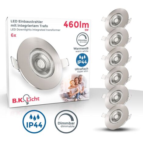 Faretti LED da incasso dimmerabili ultrapiatti per bagno, LED integrati 5W, foro à˜68mm, luce calda 3000K, 460Lm, set da 6, rotondi, plastica color nichel opaco 230V IP44