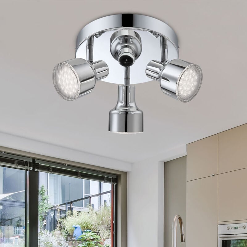 Image of Faretto da soffitto a 3 luci, faretti rotondi da soffitto, faretti led da soffitto, 3 faretti, metallo cromato, 3x led 4W 250Lm bianco caldo, PxH