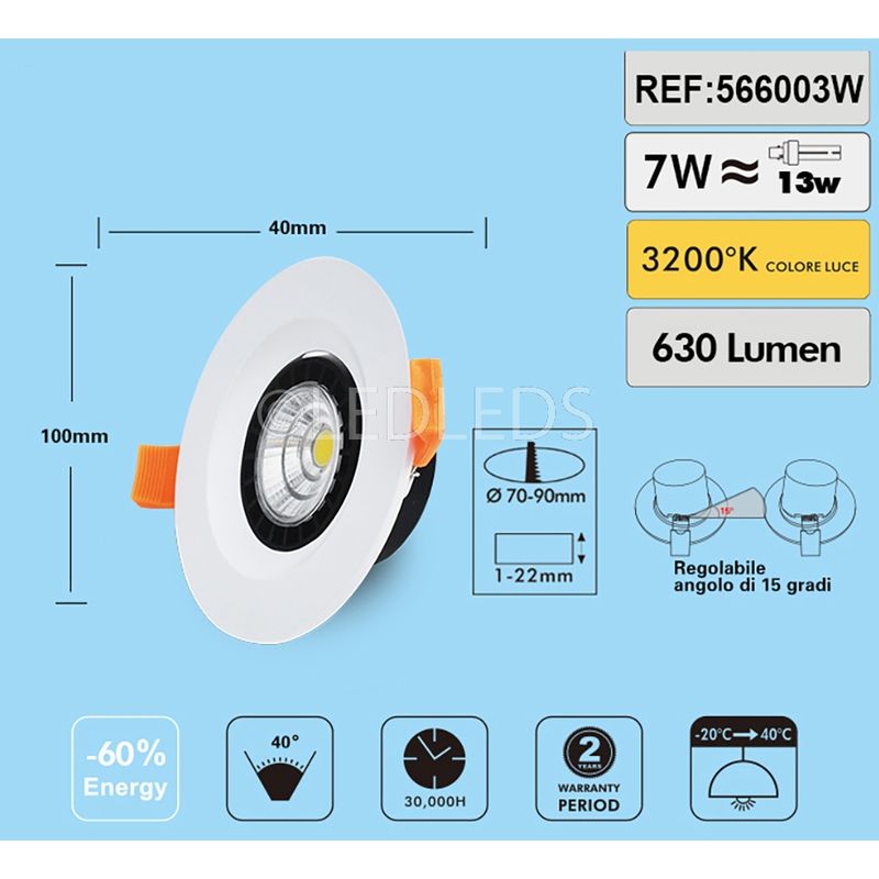 Image of Faretto bianco da incasso cob 7W led rotondo orientabile luce calda 3200K