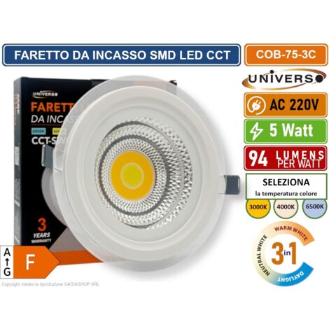 FARETTO COB LED DA INCASSO ROTONDO 5W COLORE BIANCO CCT SWITCH CON SELEZIONE TEMPERATURA DI LUCE 3000K - 4000K - 6500K